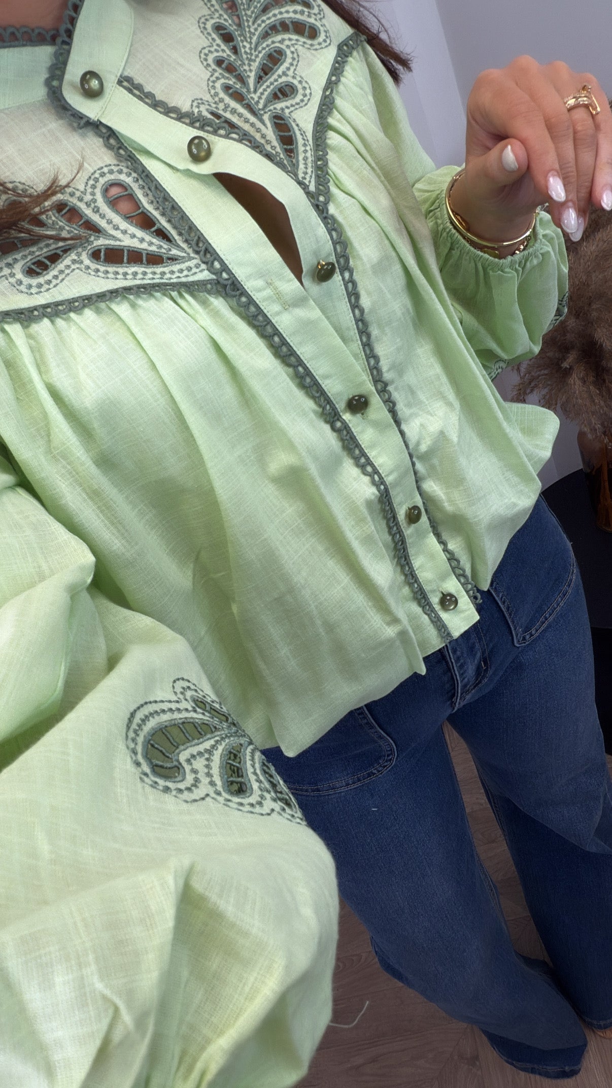 KELLY green embroidered cropped blouse