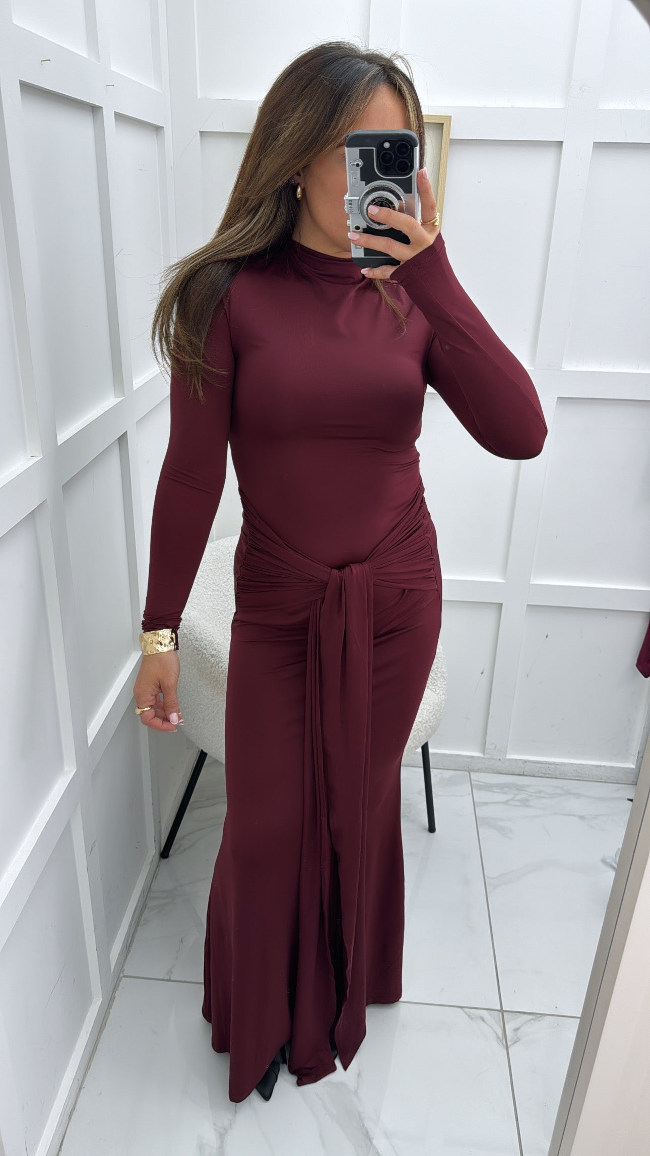 HOLLIE burgundy slinky tie front maxi dress