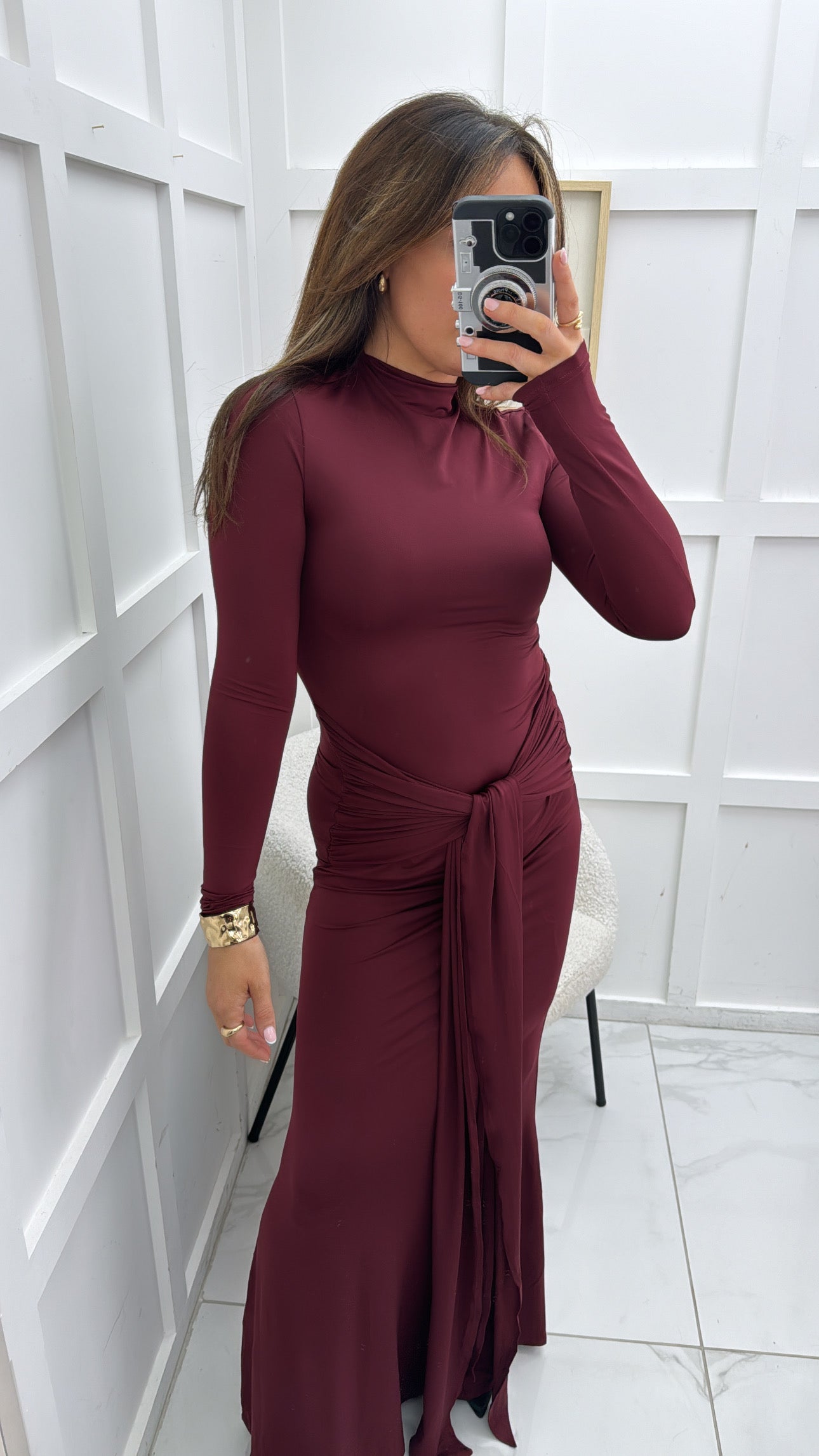 HOLLIE burgundy slinky tie front maxi dress