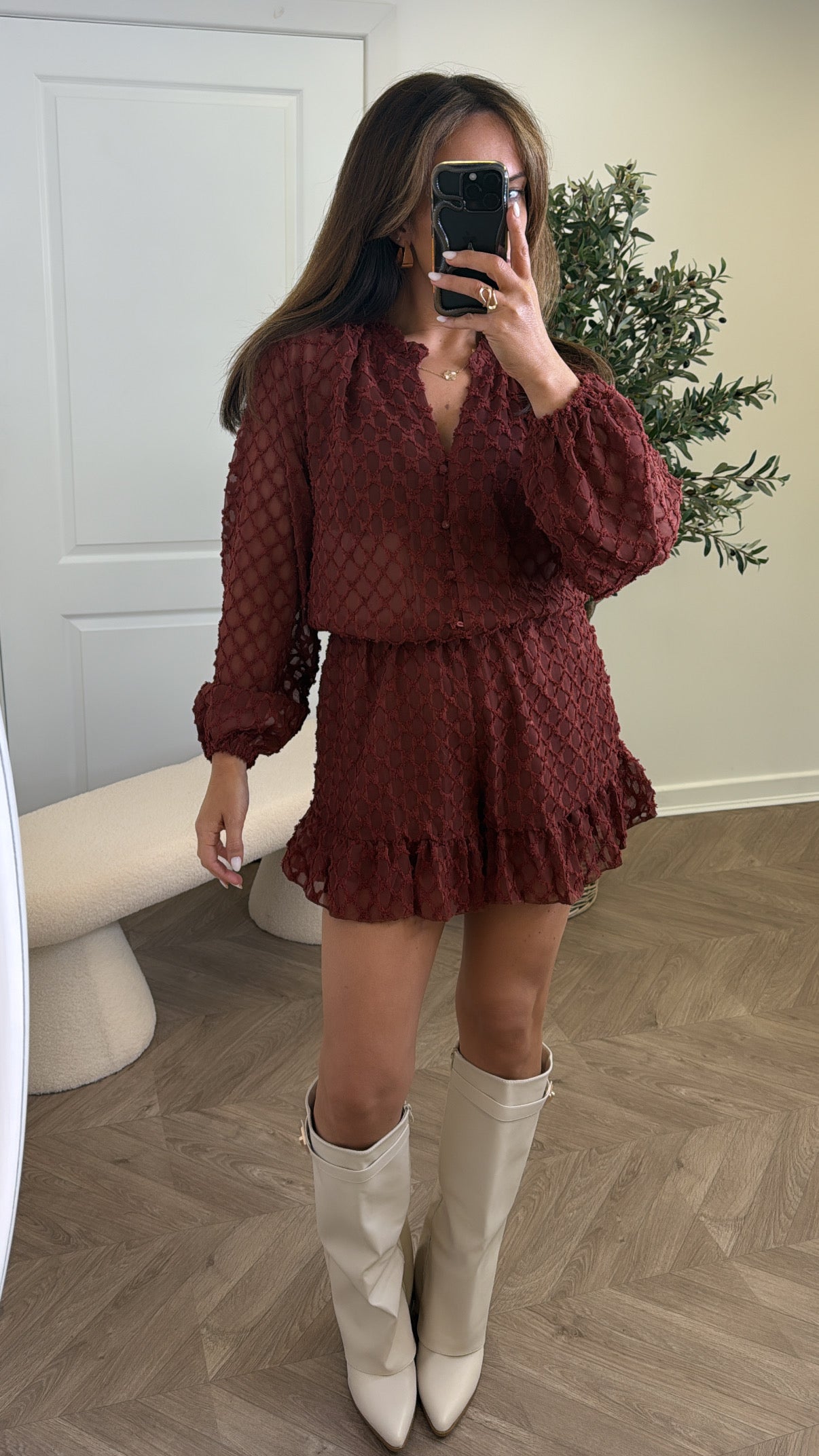 MILLIE brown textured playsuit