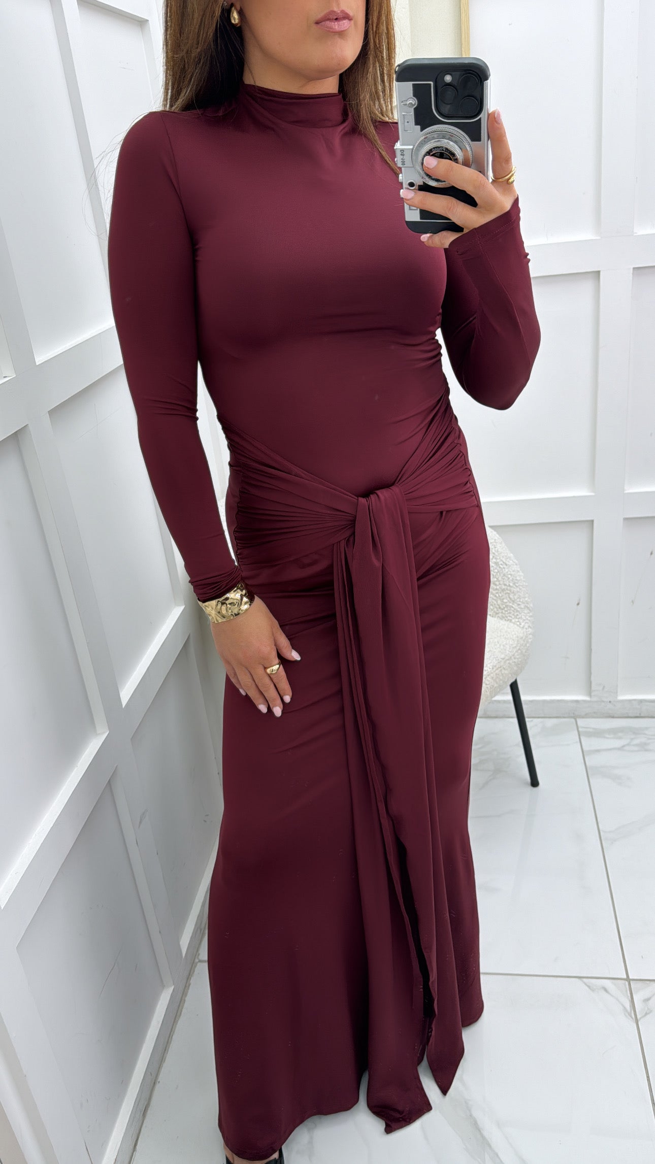 HOLLIE burgundy slinky tie front maxi dress