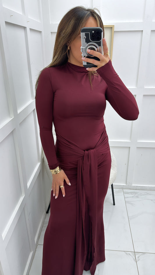 HOLLIE burgundy slinky tie front maxi dress