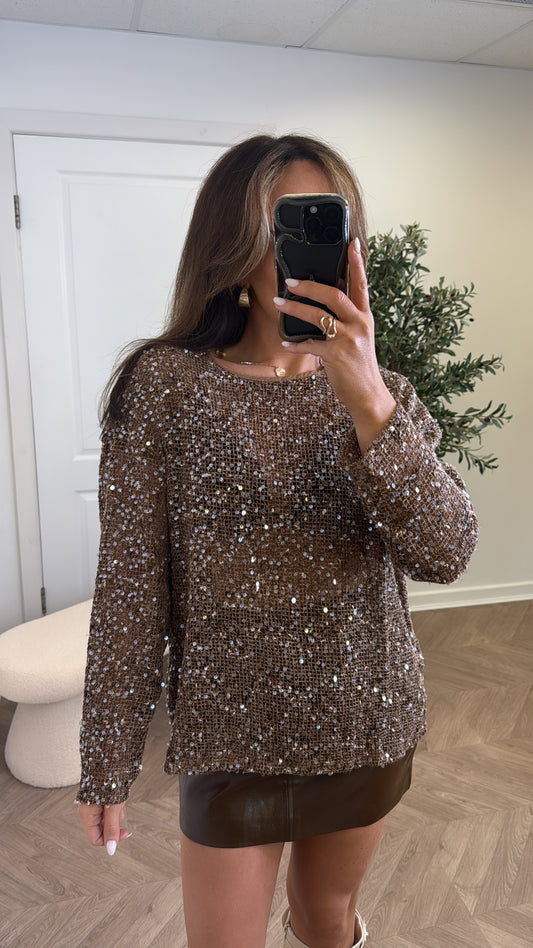 MEGHAN brown sequin detail netted top