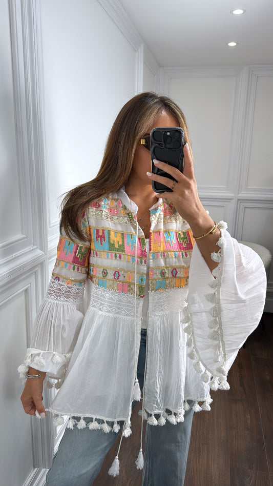 MEGAN white embroidered detail boho tie top