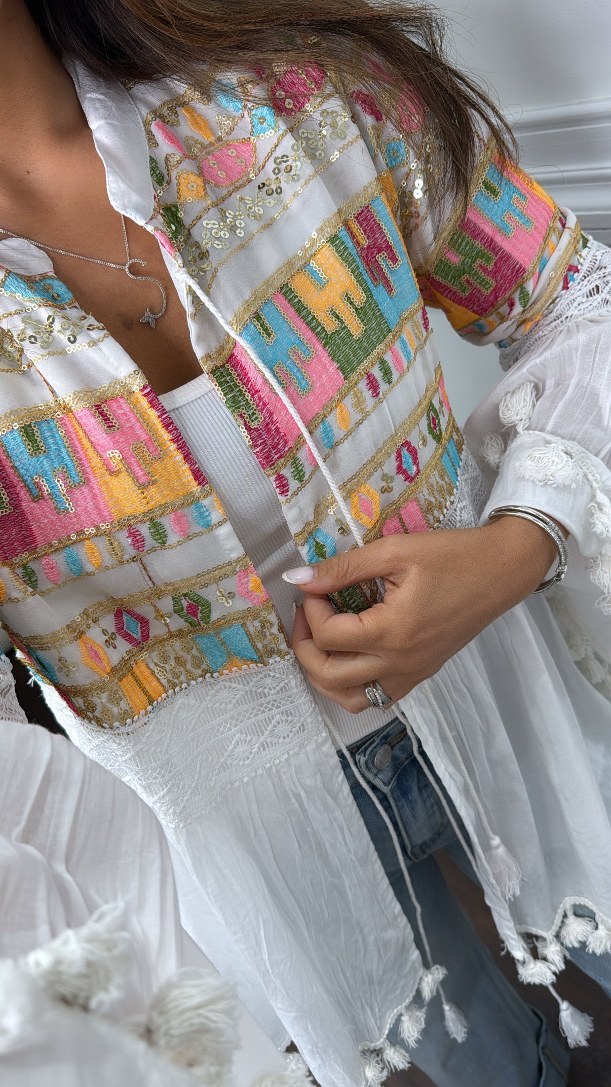 MEGAN white embroidered detail boho tie top