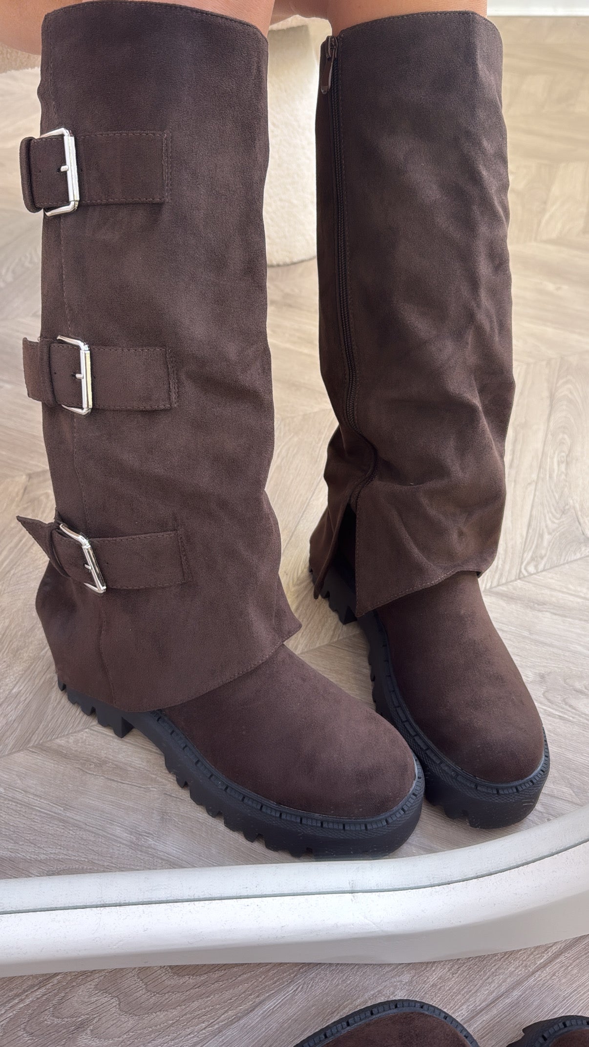 GISELE brown chunky sole boots with buckle detail