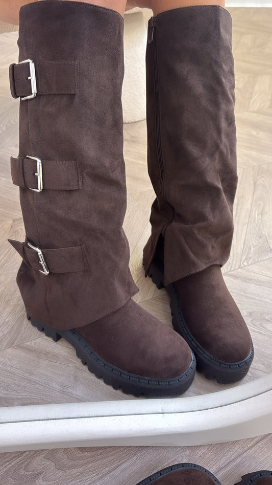 GISELE brown chunky sole boots with buckle detail