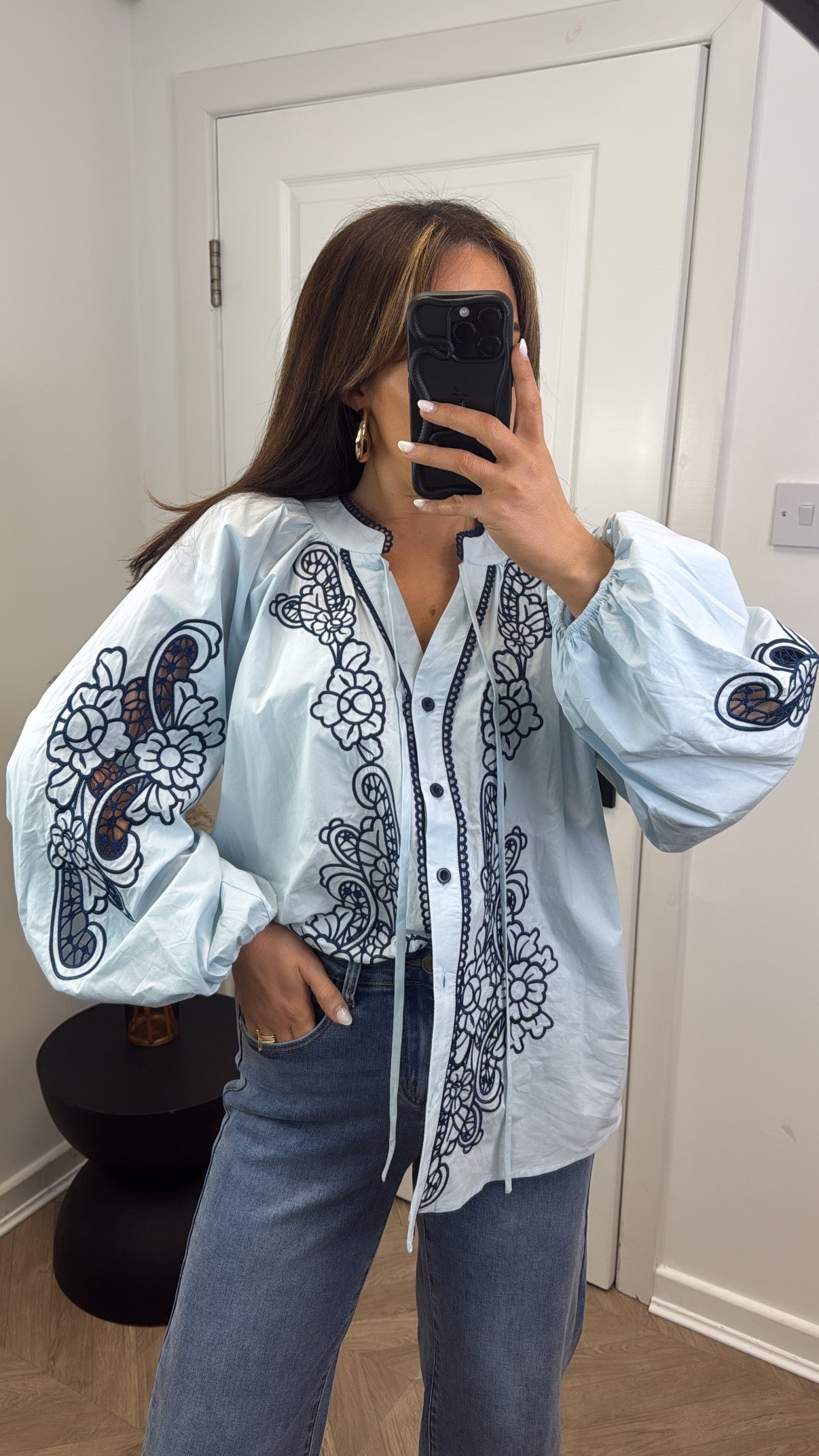 DAPHNE blue embroidered oversized blouse