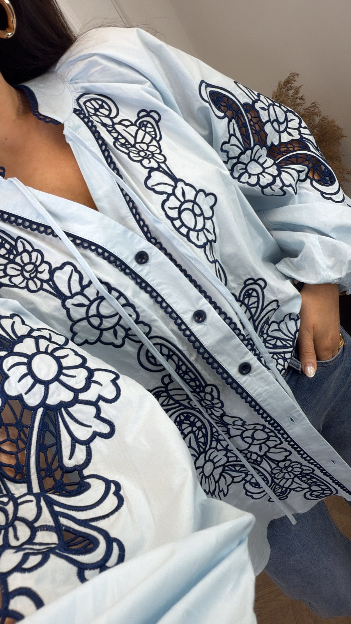 DAPHNE blue embroidered oversized blouse