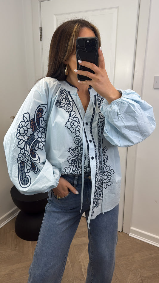 DAPHNE blue embroidered oversized blouse