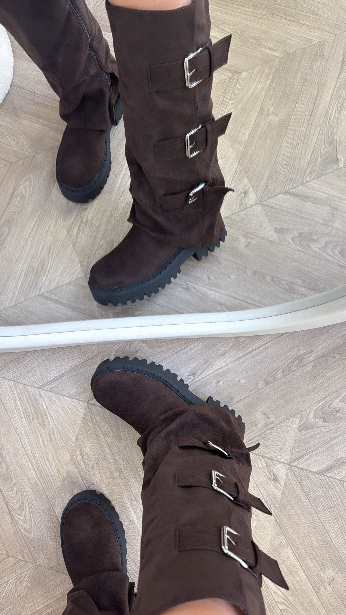 GISELE brown chunky sole boots with buckle detail