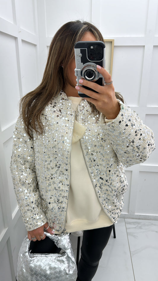 RHIANNA cream wool bomber jacket with silver sequins