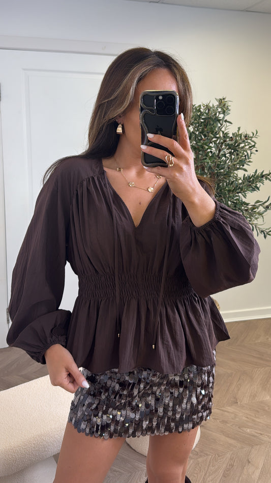 INDIA brown shirred waist top