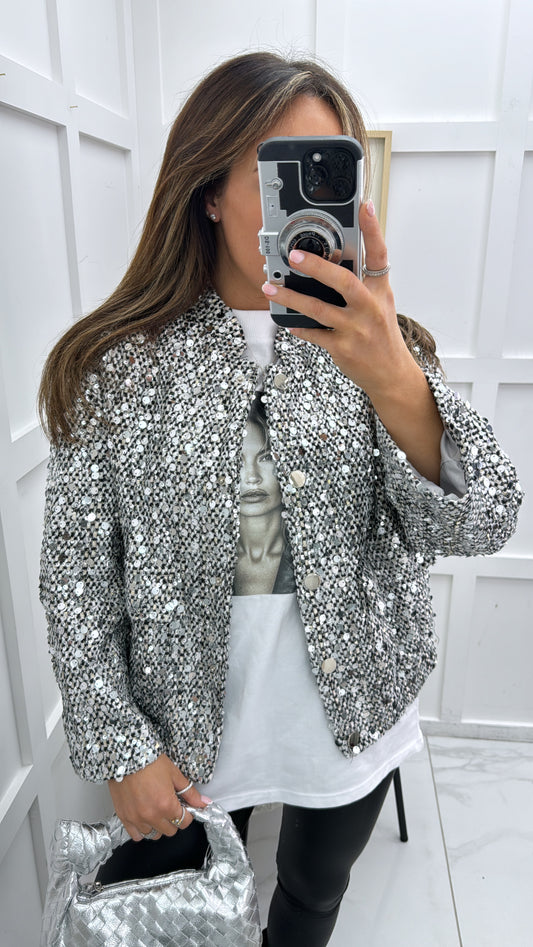 LOUISA silver sequin bomber jacket