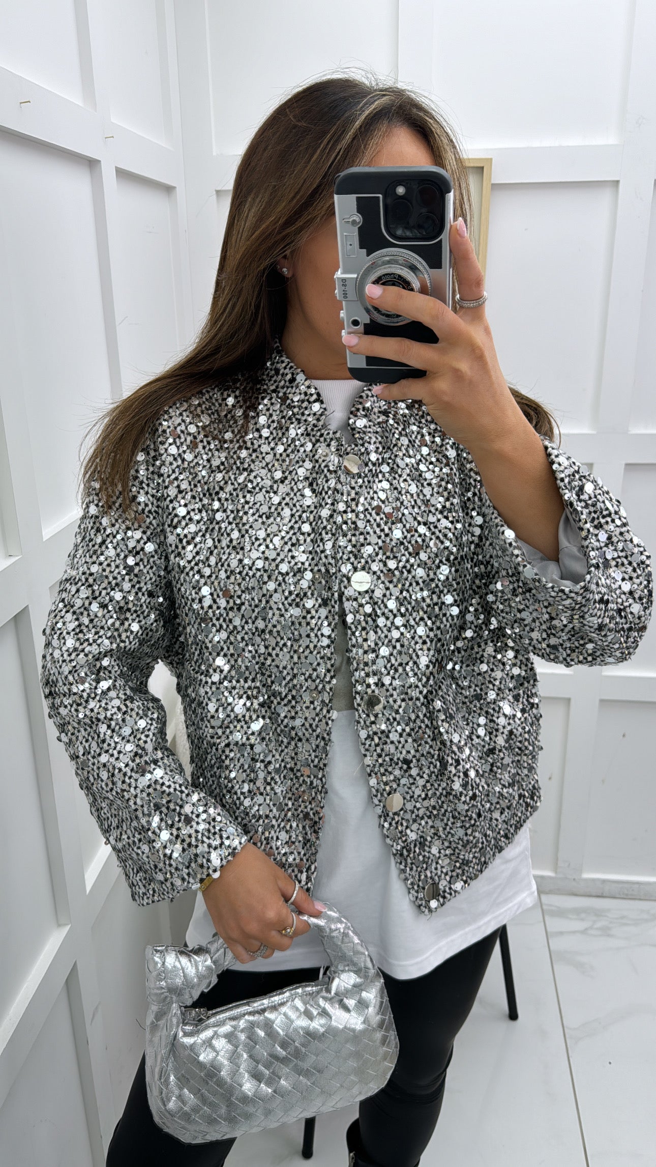 LOUISA silver sequin bomber jacket