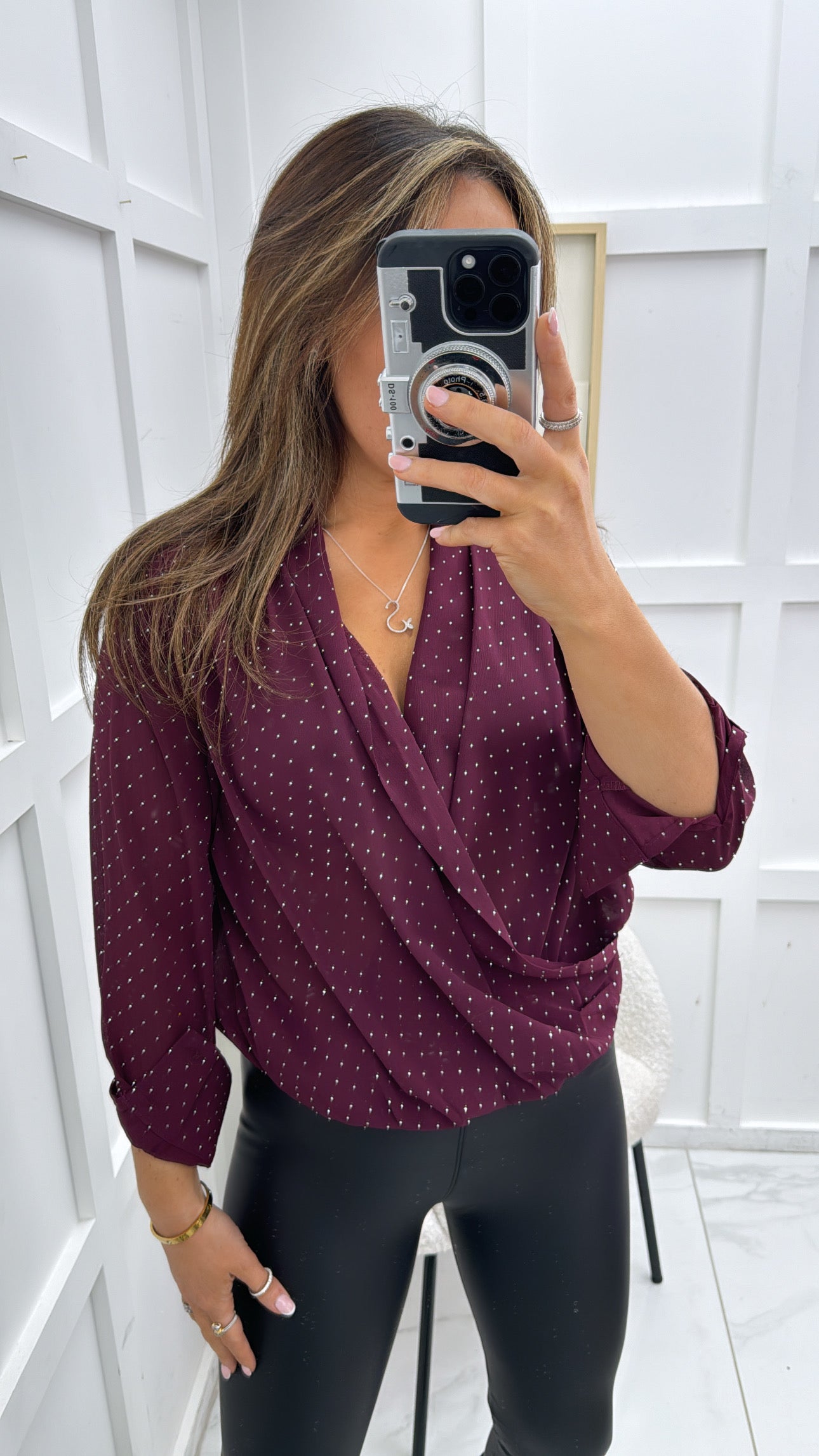 PORTIA burgundy wrap blouse with stud detail