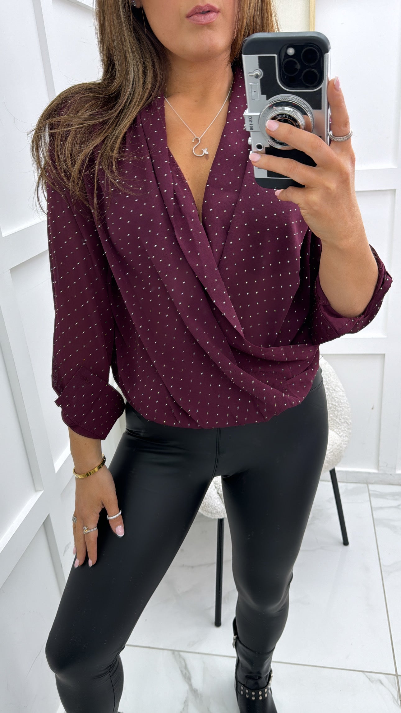 PORTIA burgundy wrap blouse with stud detail