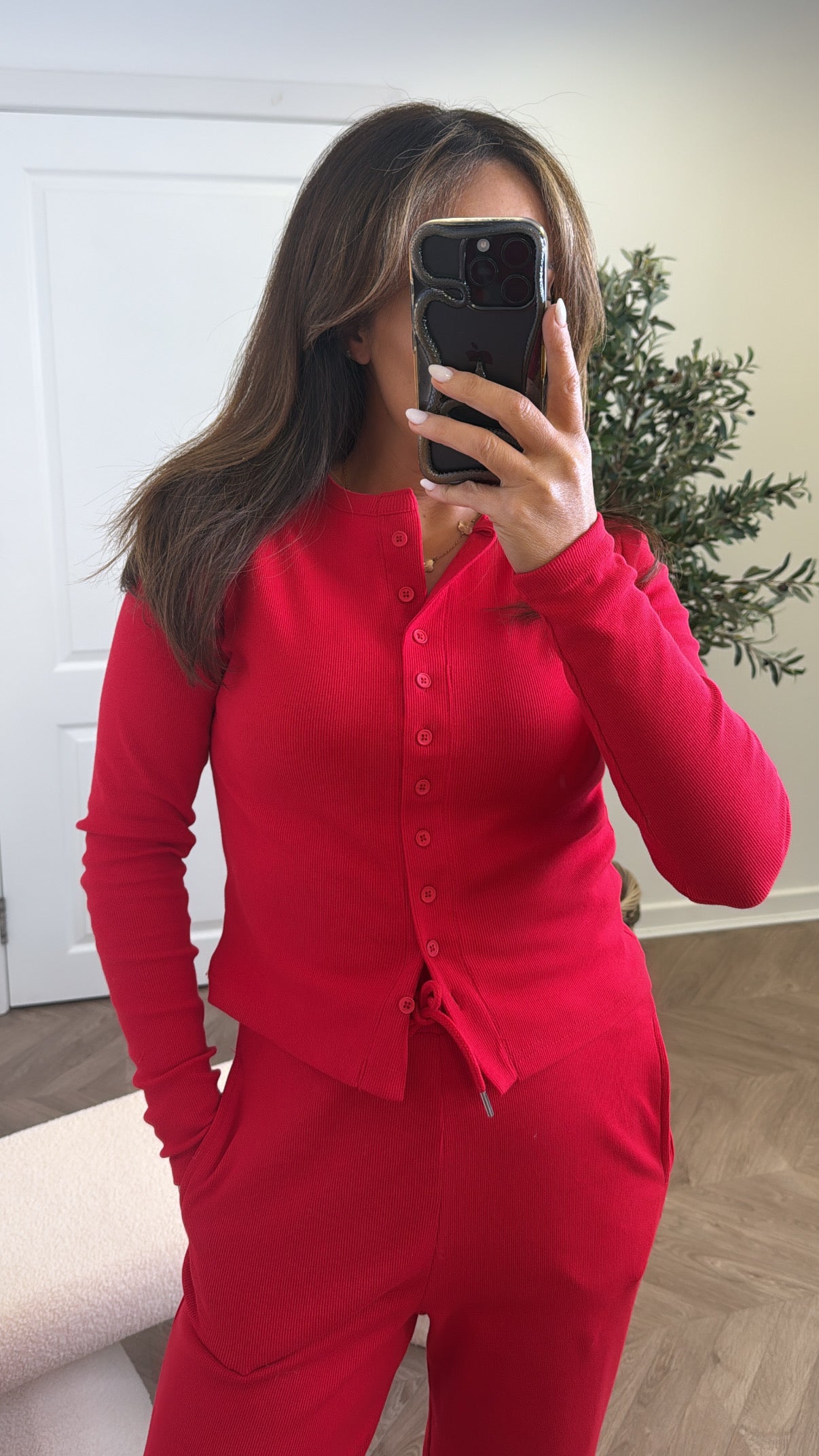 LORNA ruby red ribbed cardigan lounge set