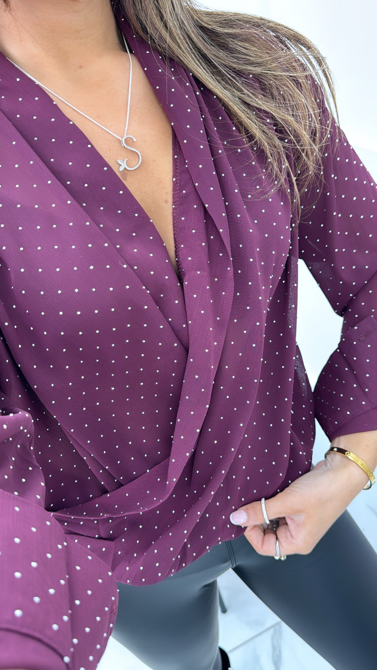 PORTIA burgundy wrap blouse with stud detail