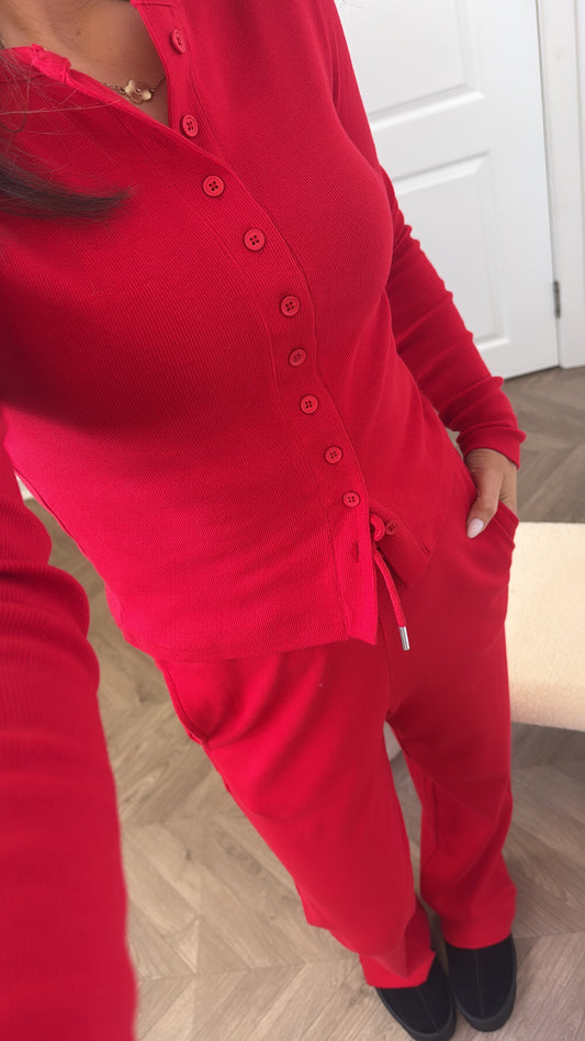 LORNA ruby red ribbed cardigan lounge set