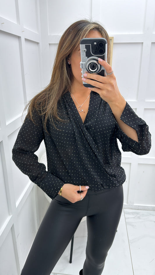 PORTIA black wrap blouse with stud detail