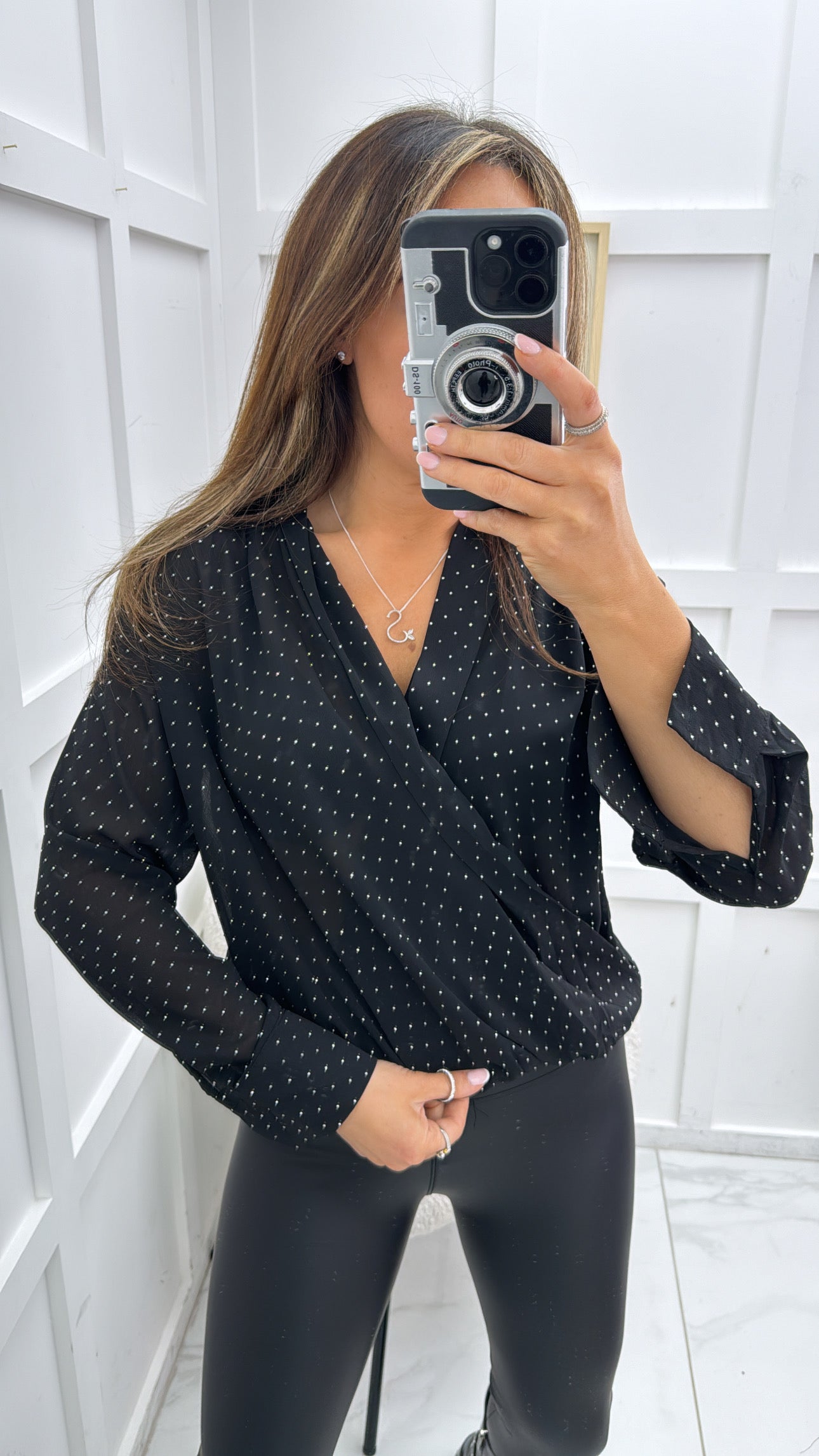 PORTIA black wrap blouse with stud detail