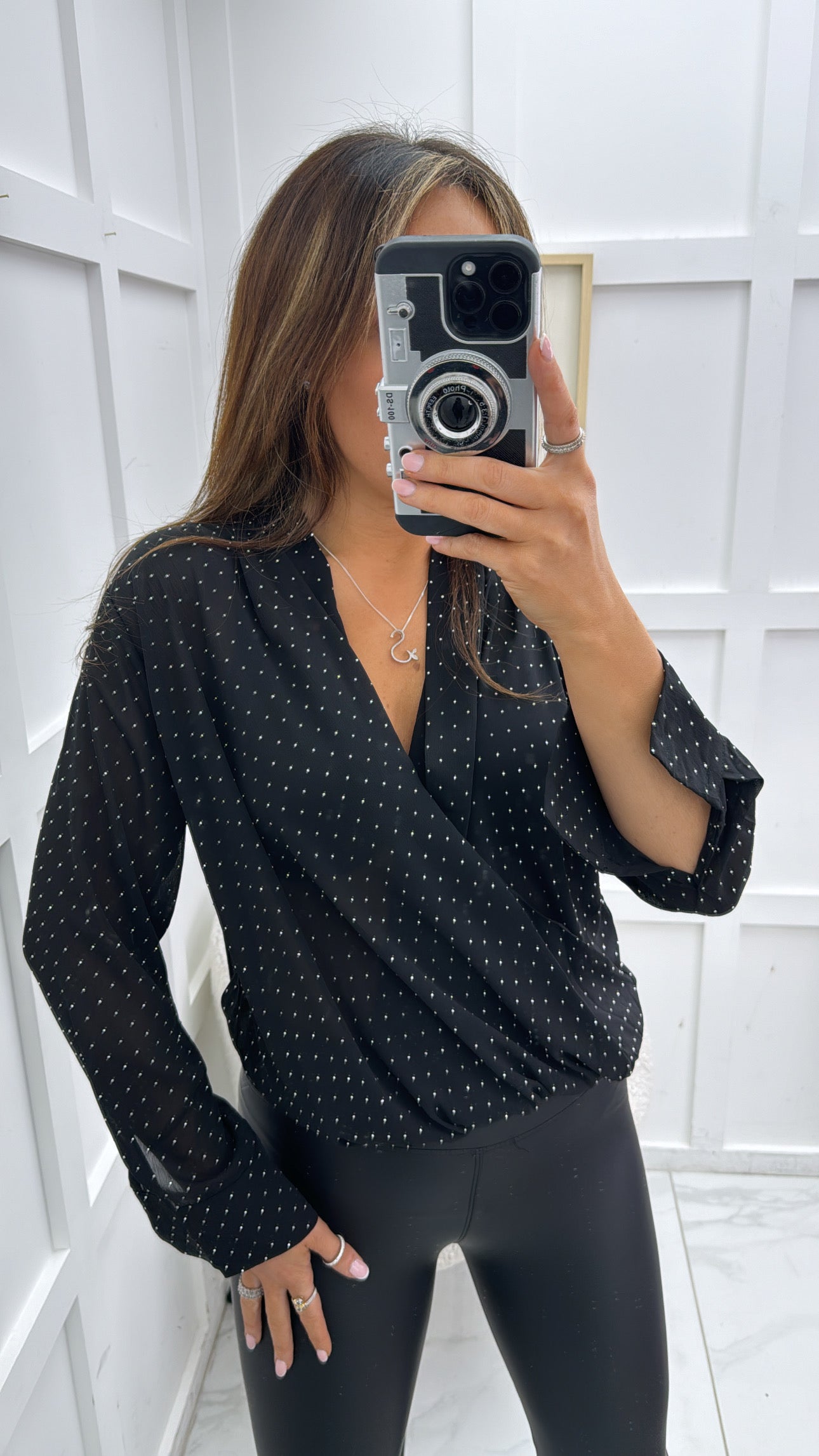 PORTIA black wrap blouse with stud detail