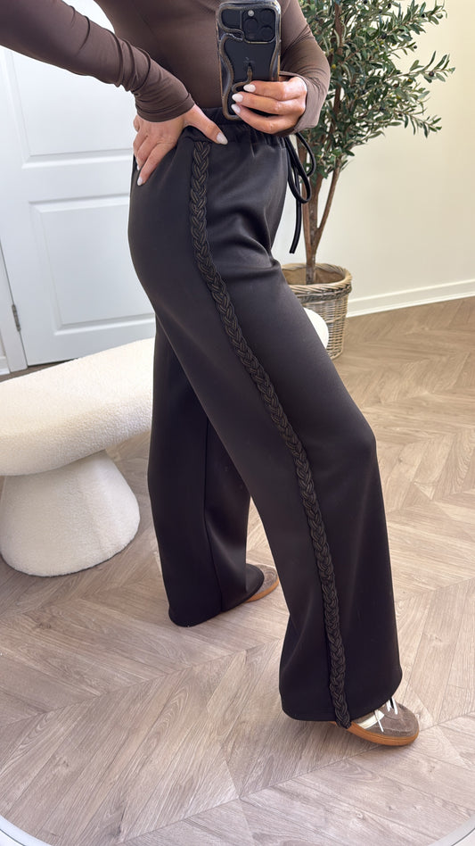 SASKIA dark brown braided detail soft cotton joggers
