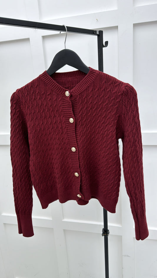 POLLY burgundy knitted cardigan with gold buttons