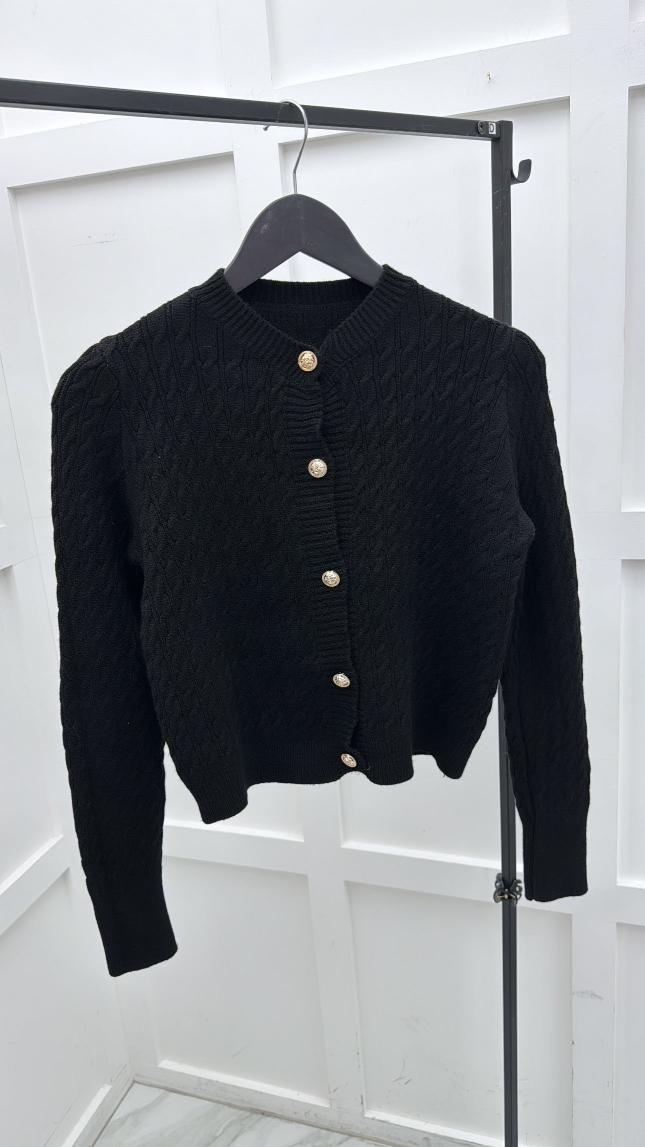 POLLY black knitted cardigan with gold buttons