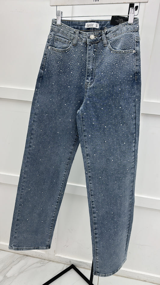 SUSIE blue denim crystal wide leg jeans