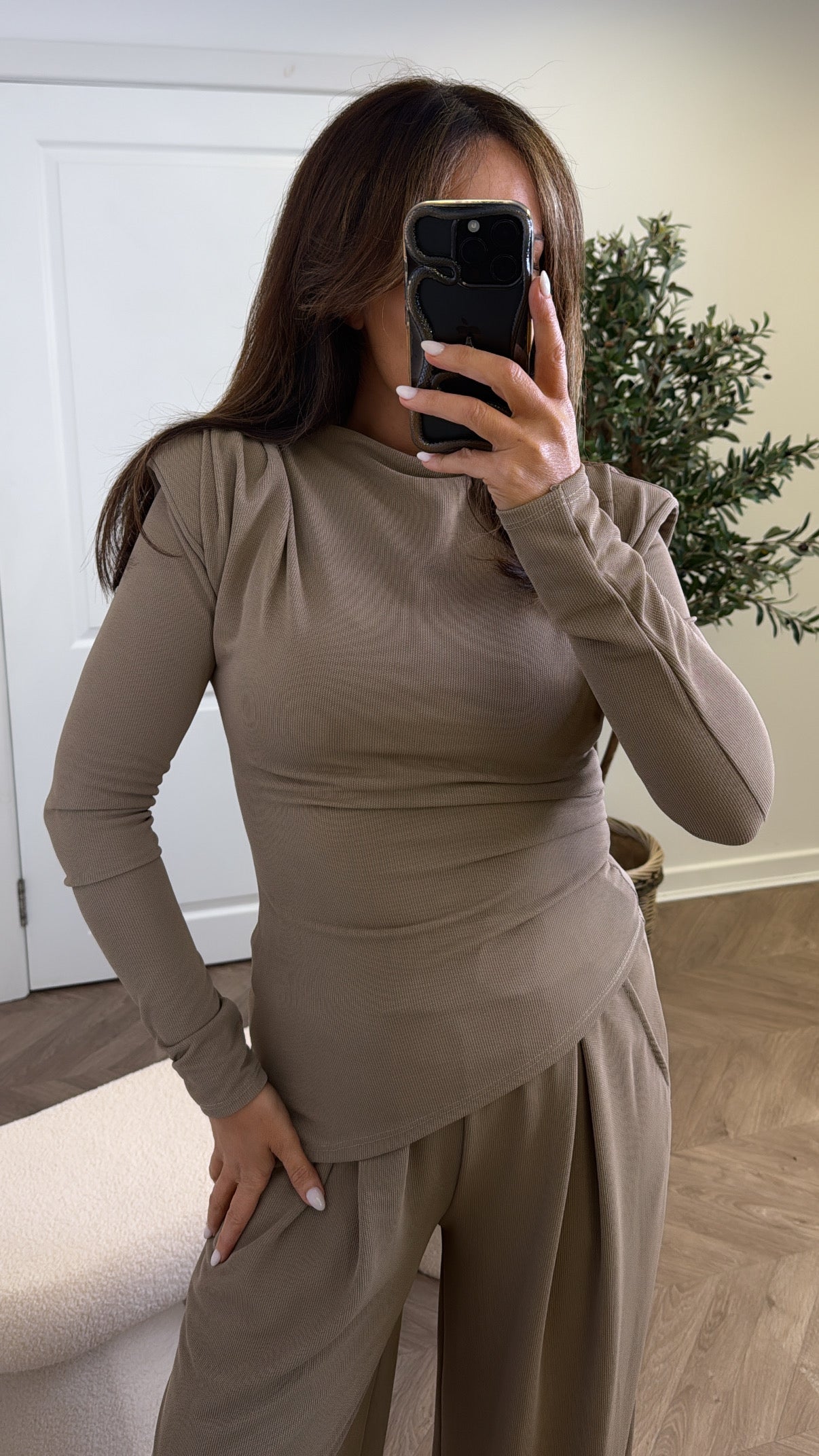 TASHA mocha asymmetric long sleeve top and trousers co-ord