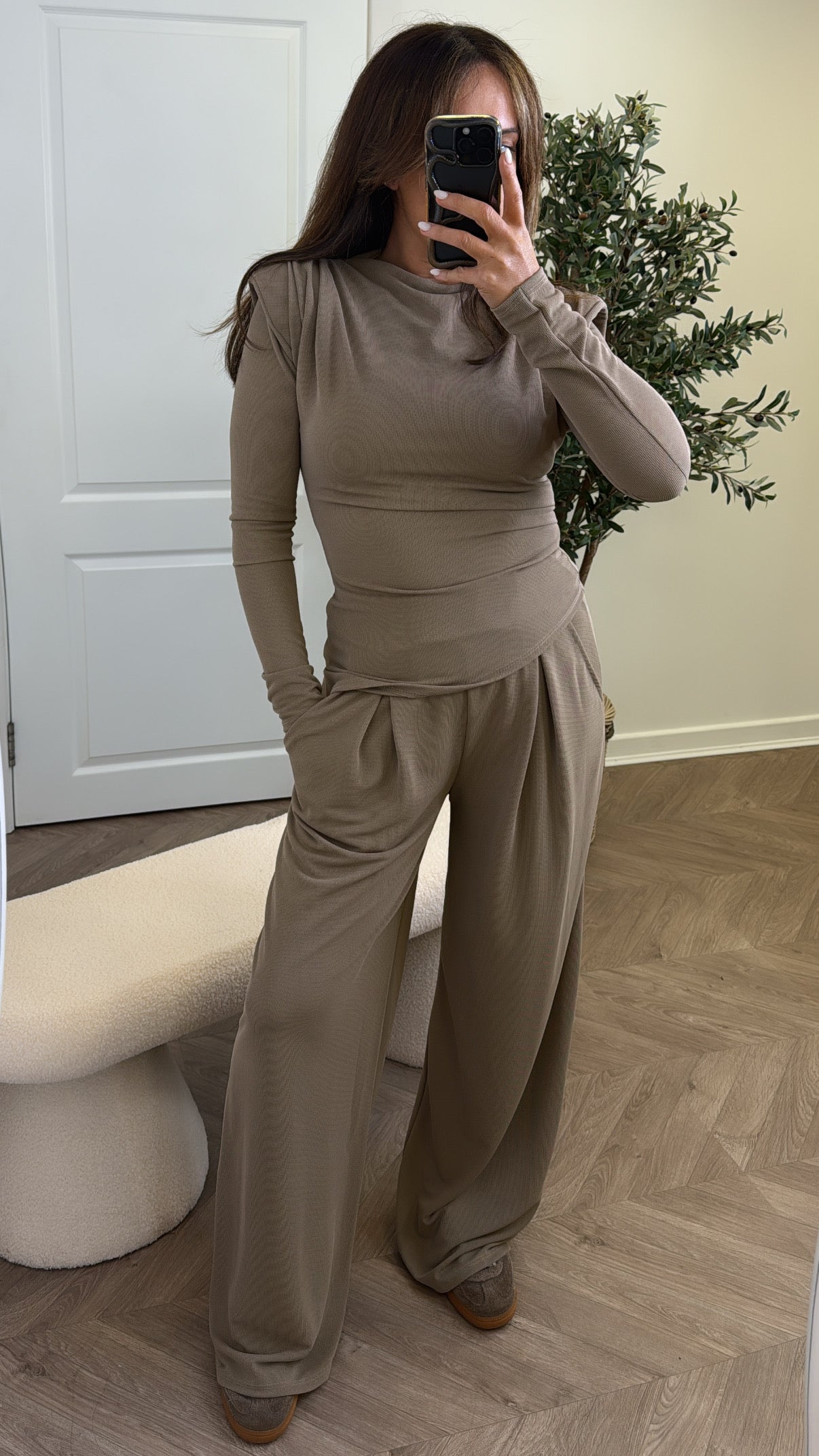 TASHA mocha asymmetric long sleeve top and trousers co-ord