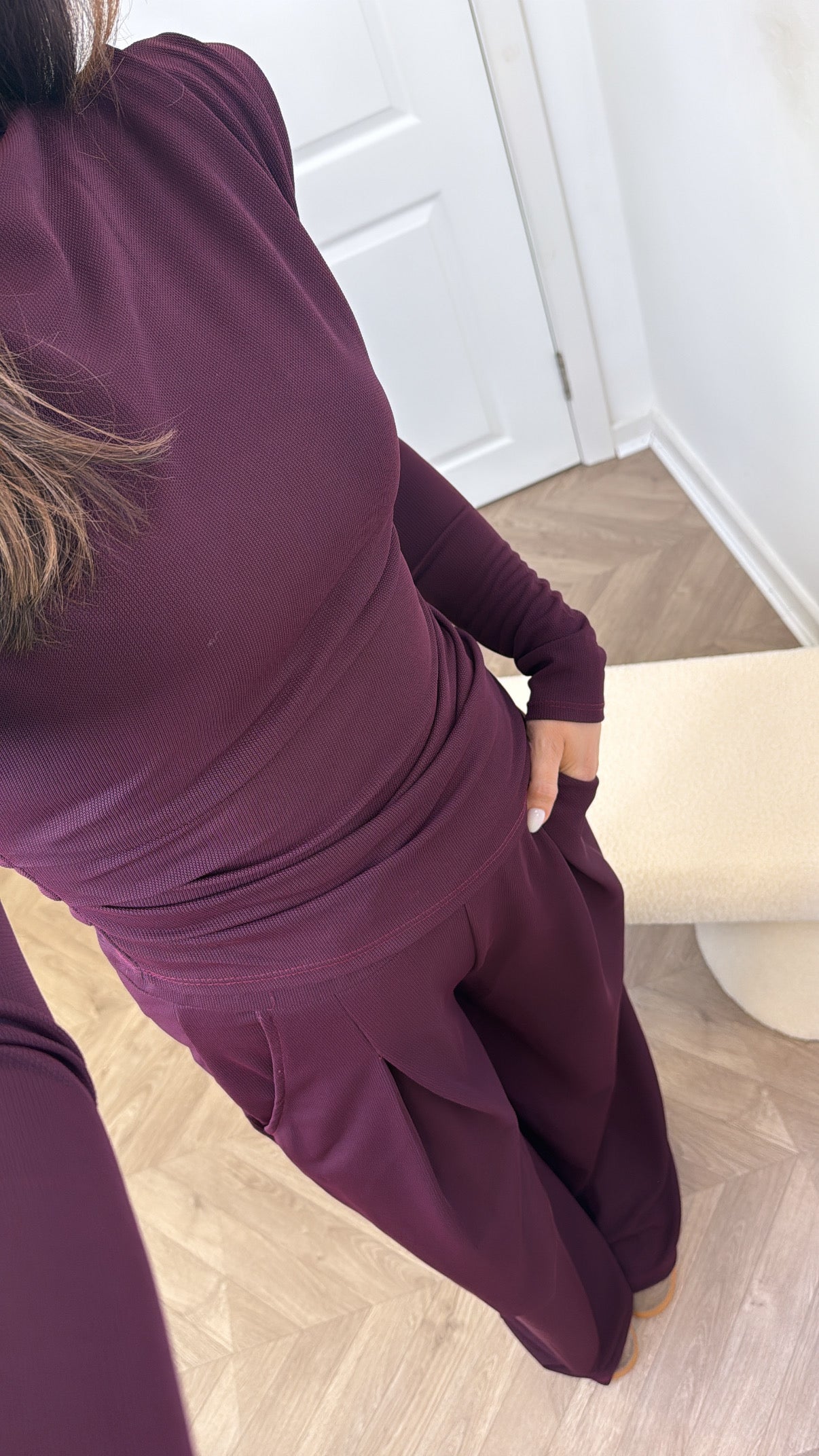 TASHA plum asymmetric long sleeve top and trousers co-ord