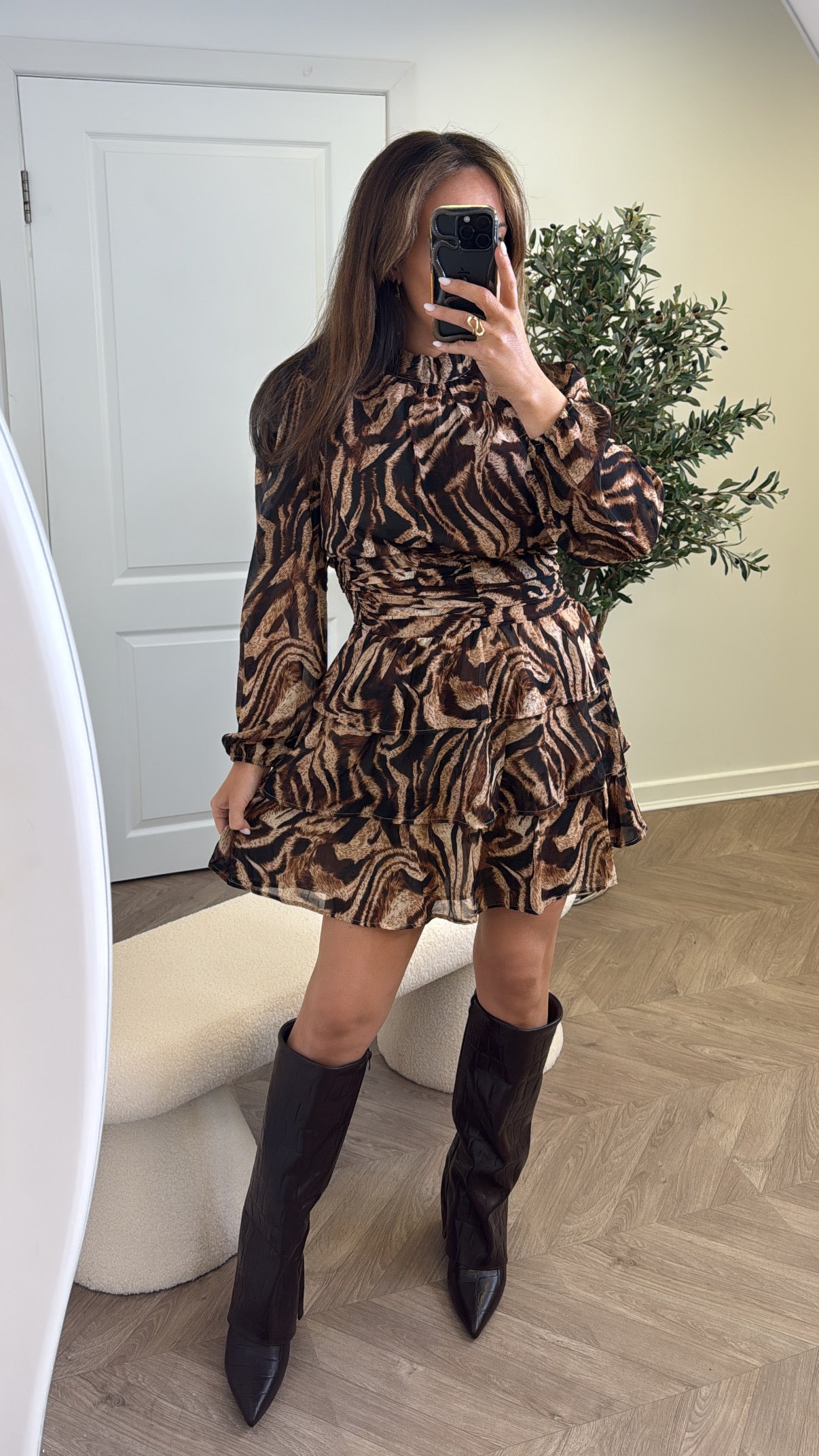 AUBERY animal print ruffle long sleeve dress