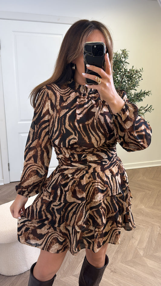 AUBERY animal print ruffle long sleeve dress