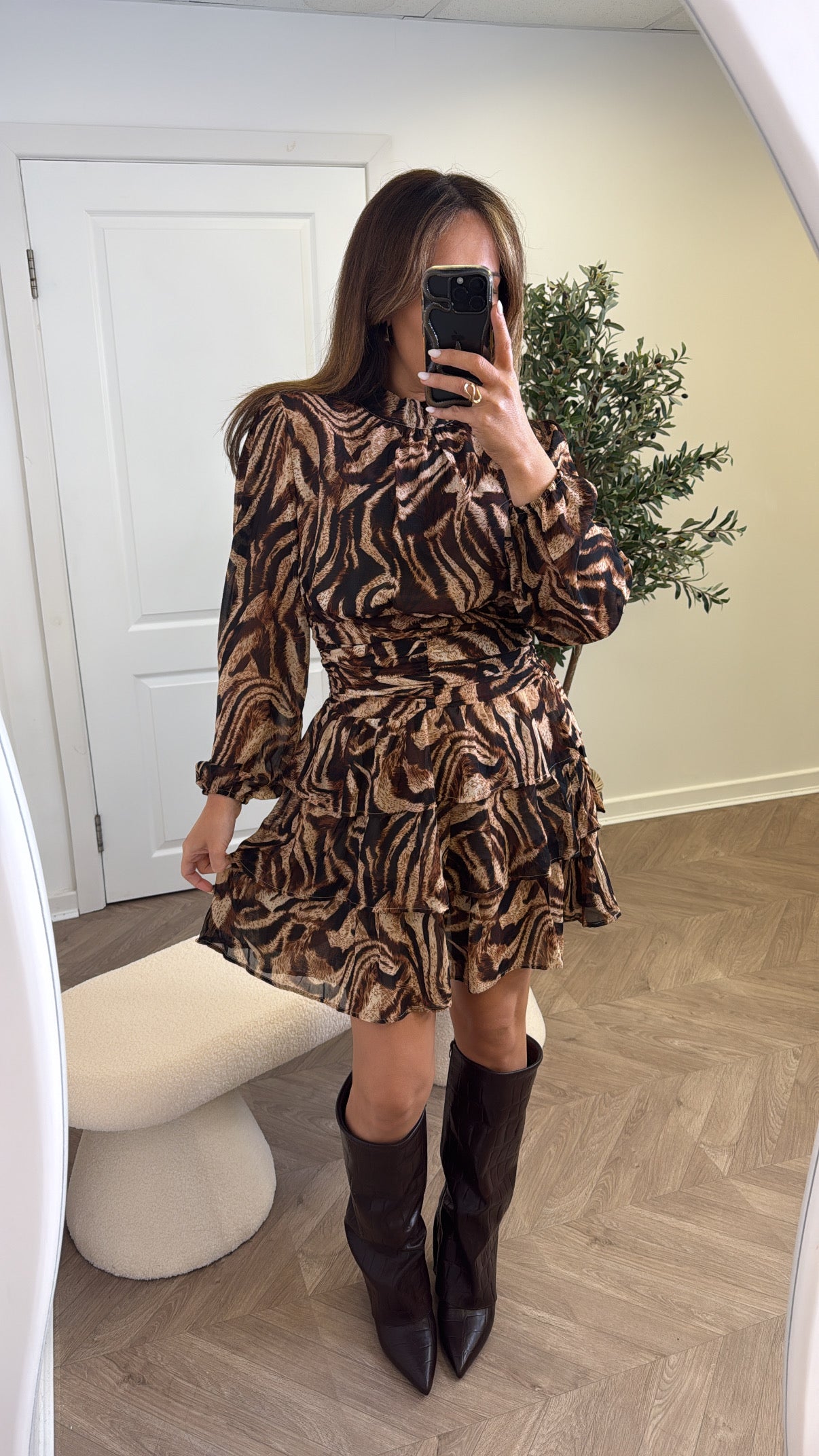 AUBERY animal print ruffle long sleeve dress