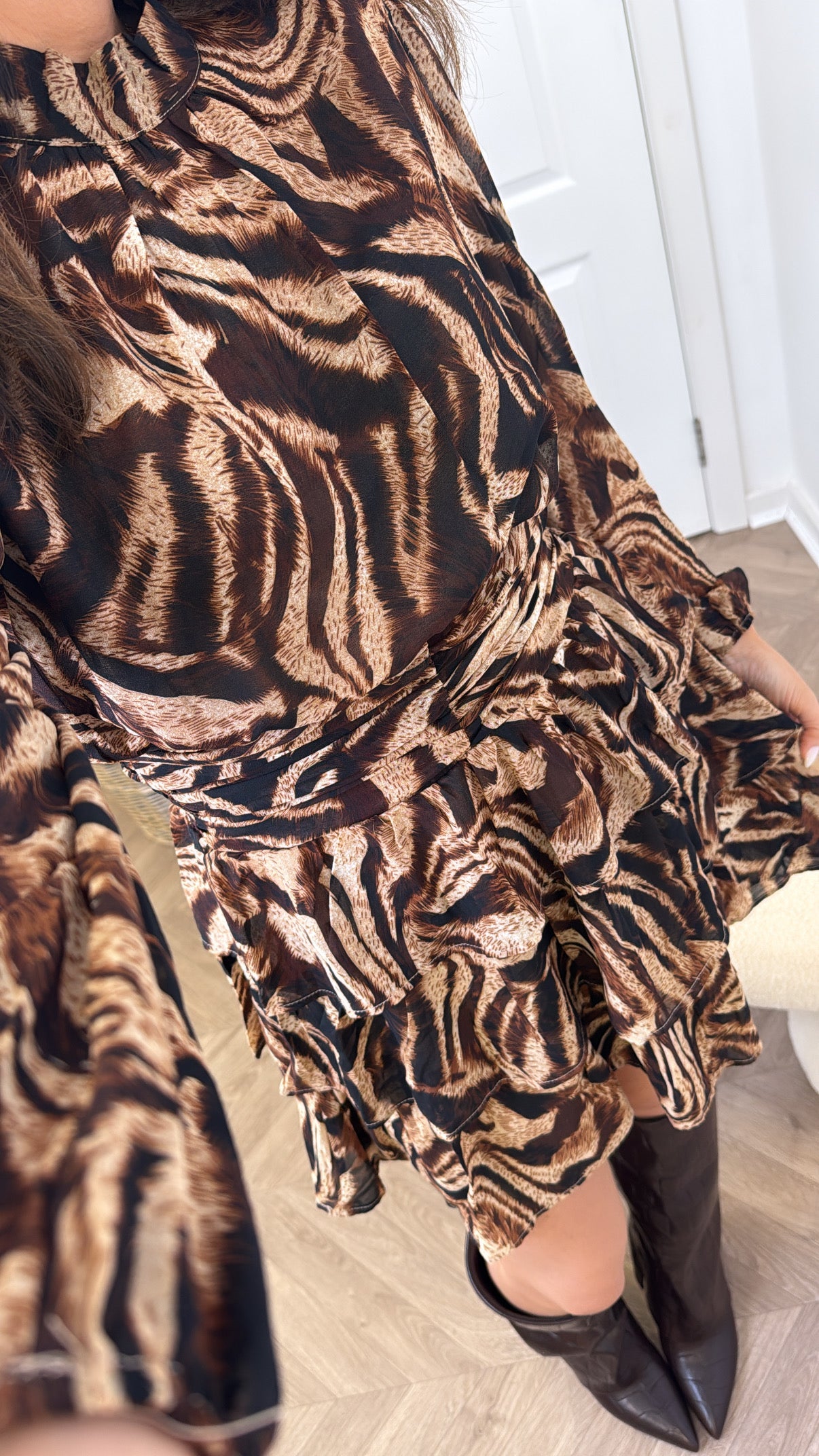 AUBERY animal print ruffle long sleeve dress