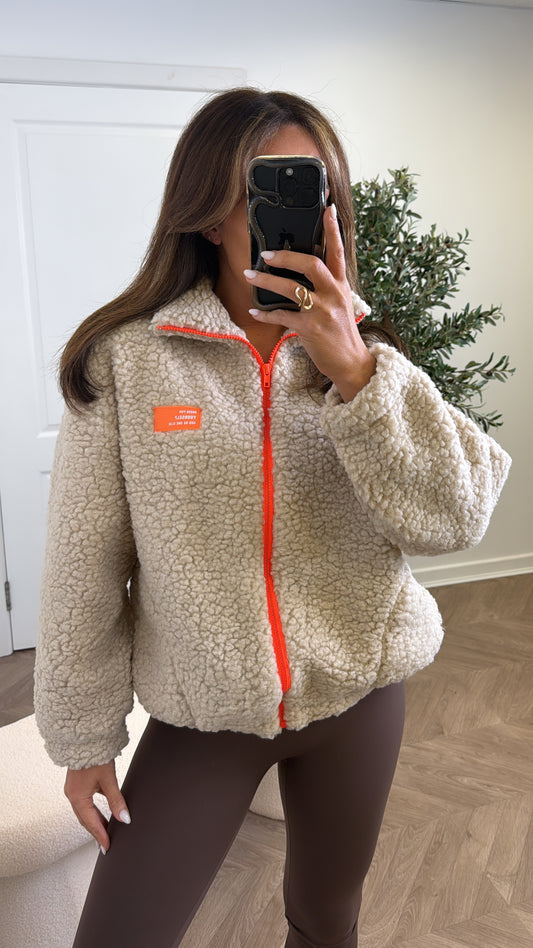 SOPHIA beige fleece zip up jacket with neon logo