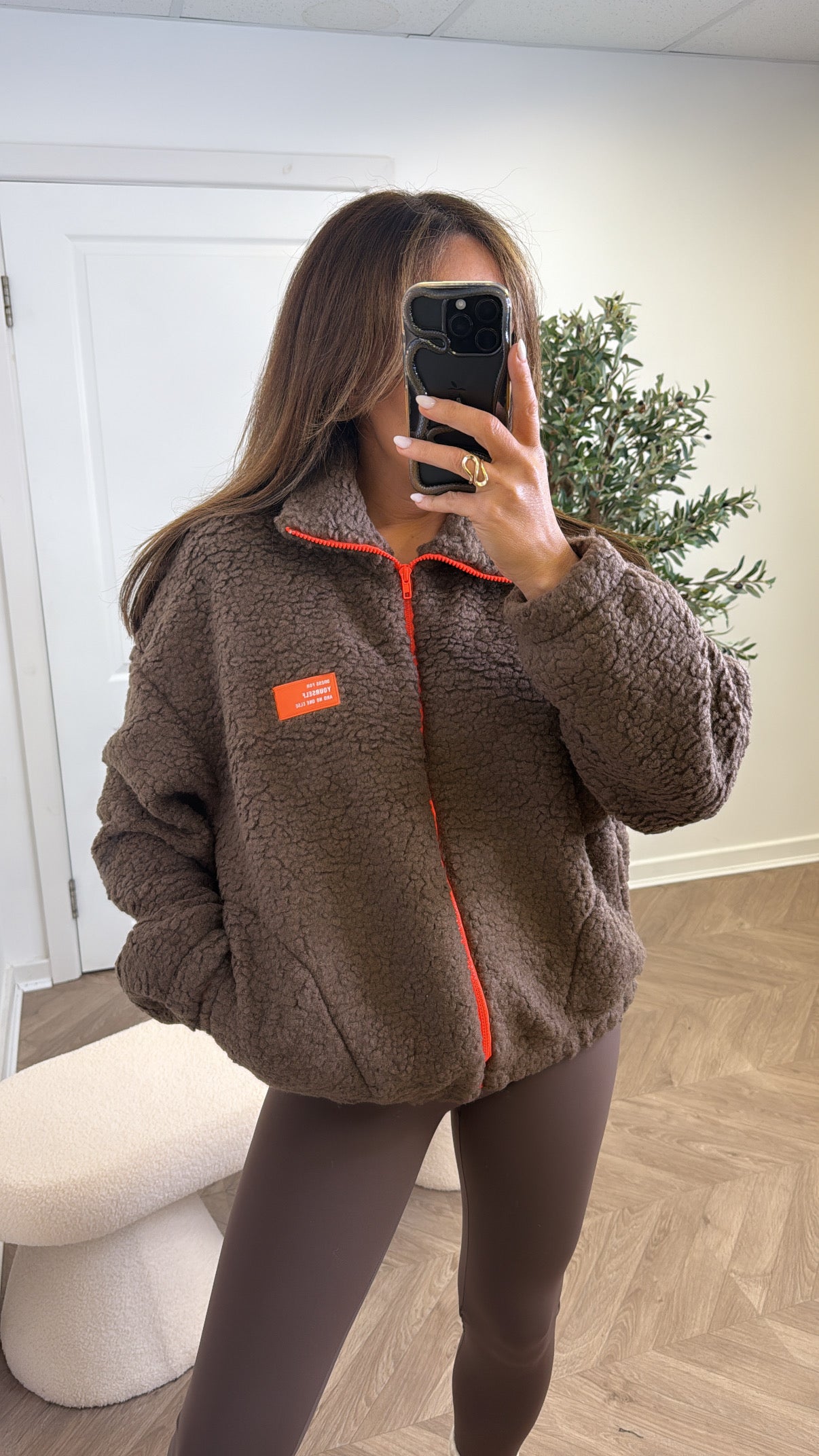 SOPHIA brown fleece zip up jacket with neon logo