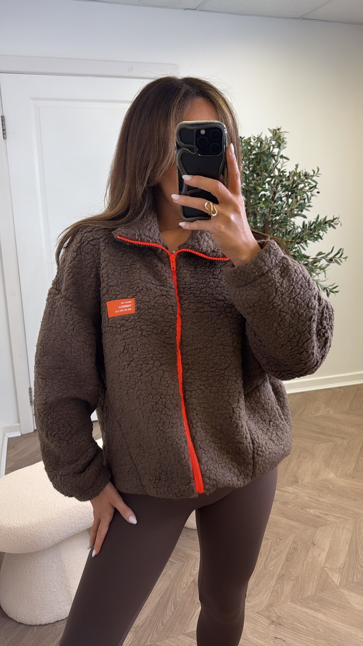 SOPHIA brown fleece zip up jacket with neon logo