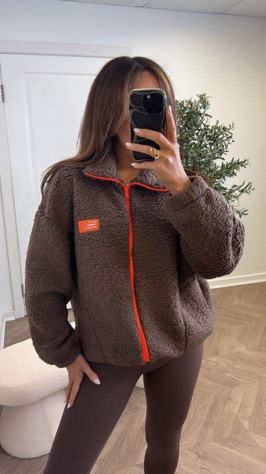 SOPHIA brown fleece zip up jacket with neon logo
