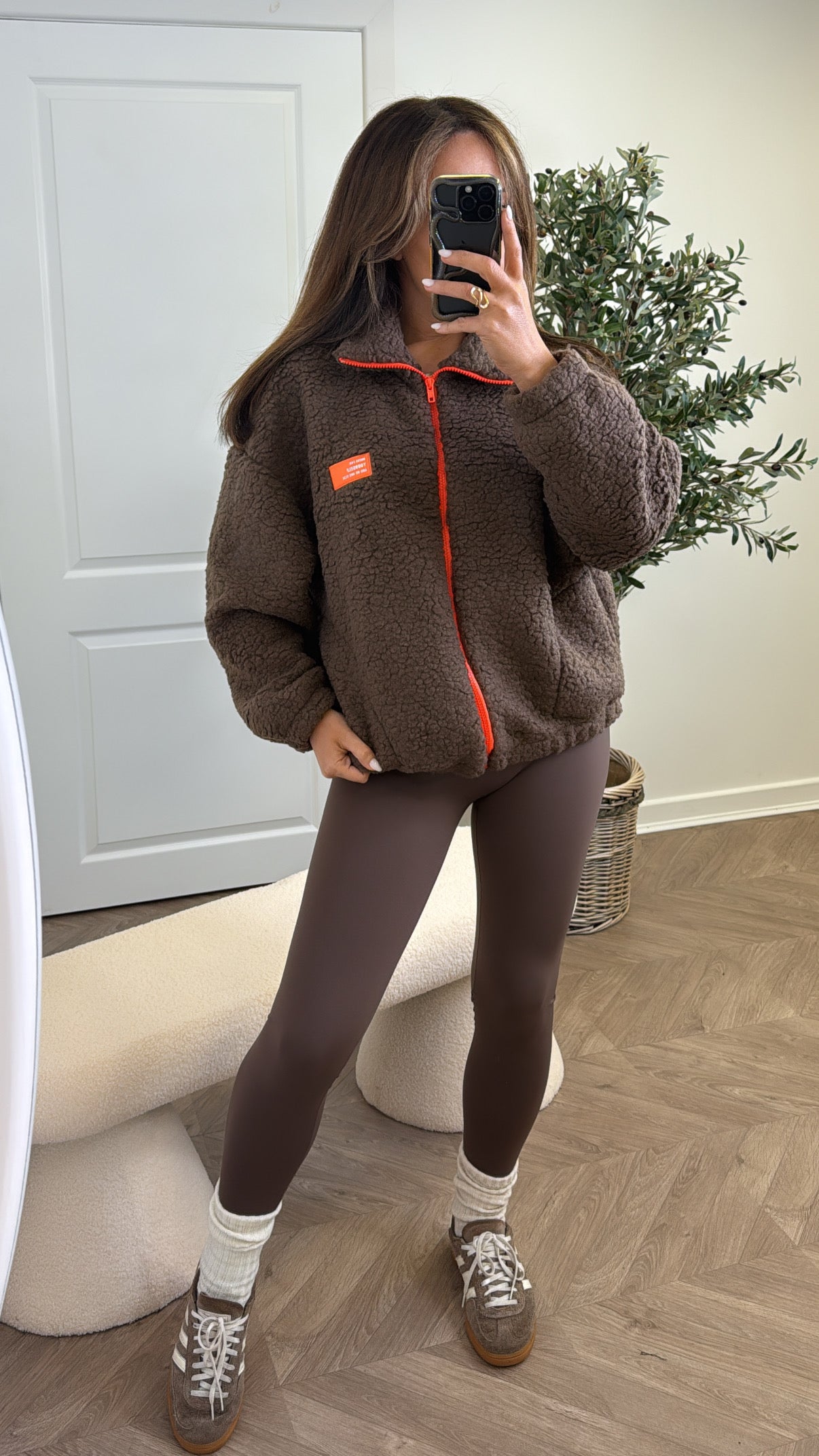 SOPHIA brown fleece zip up jacket with neon logo