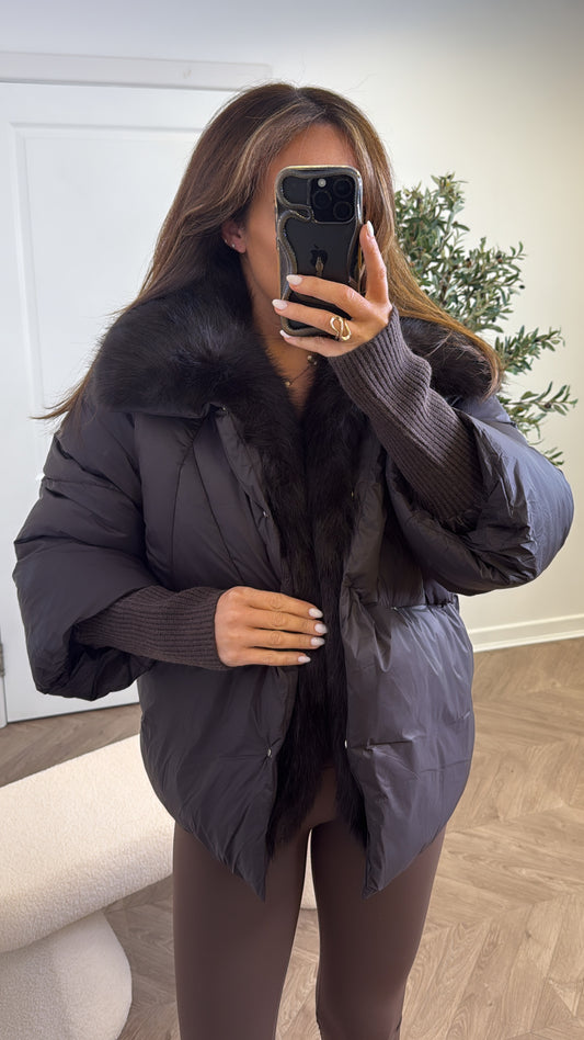 EMILY dark brown puffer coat with faux fur