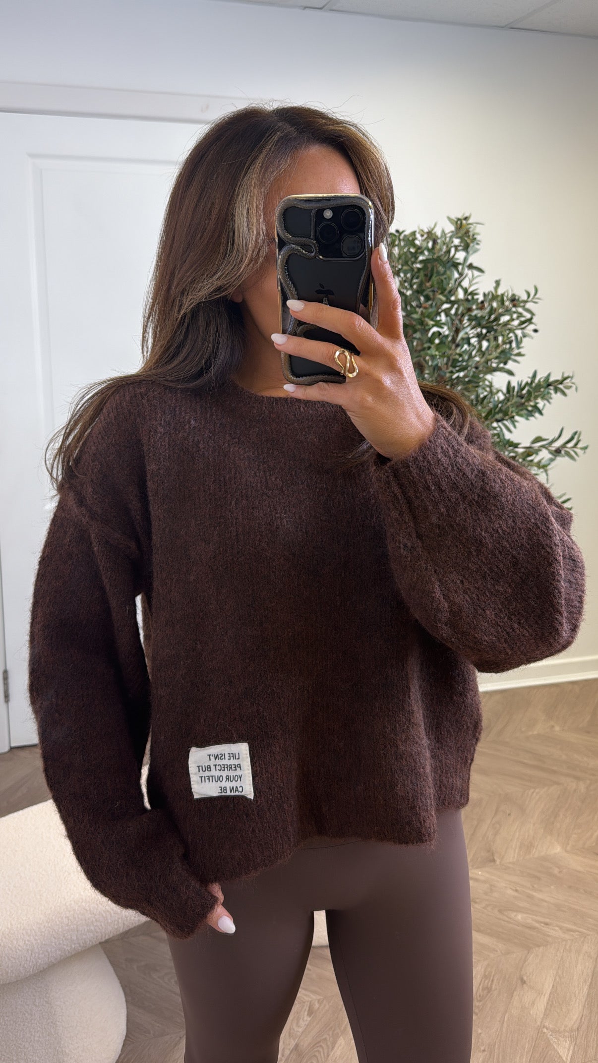 PIPER brown life slogan soft knit jumper