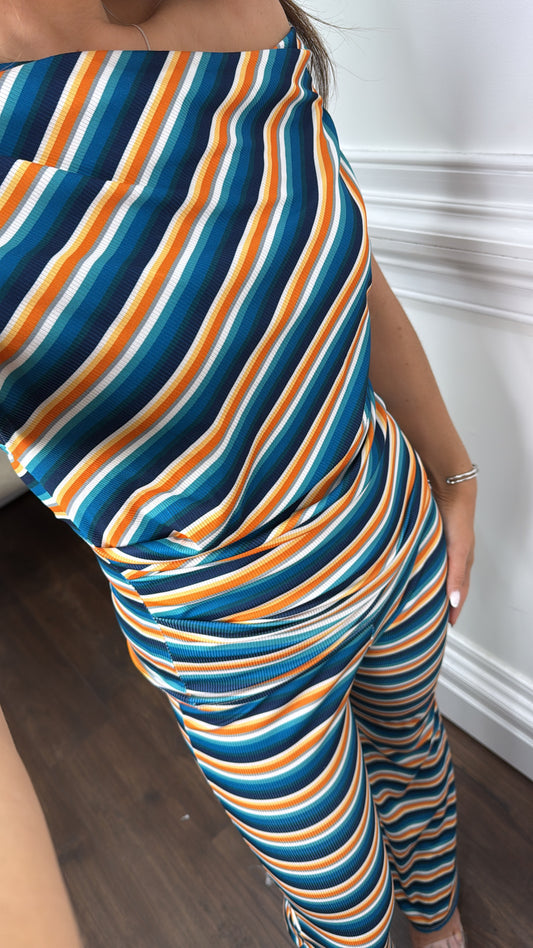 NATALIA blue stripe cowl top and flare pants co-ord