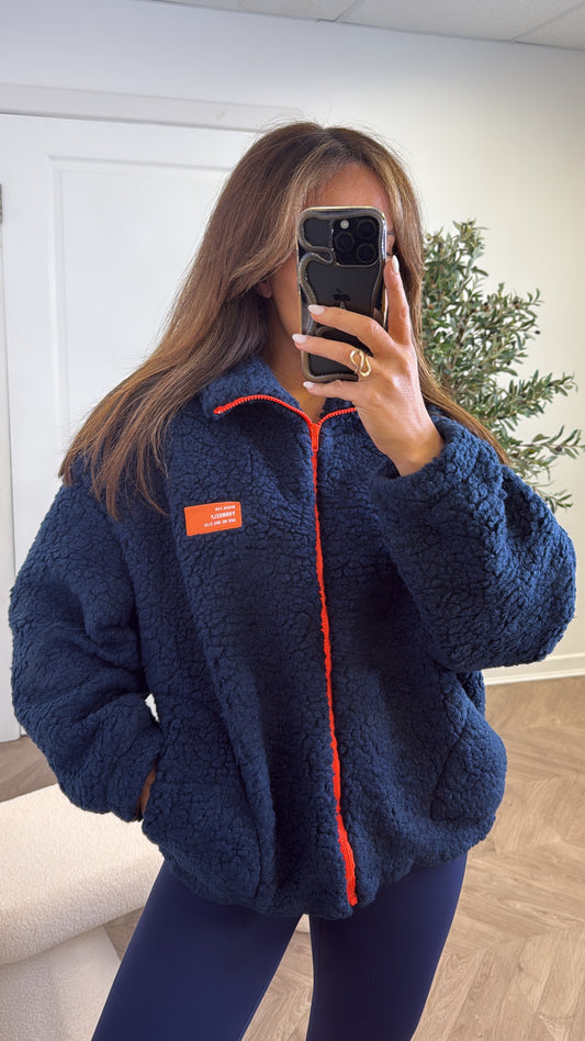 SOPHIA navy fleece zip up jacket with neon logo