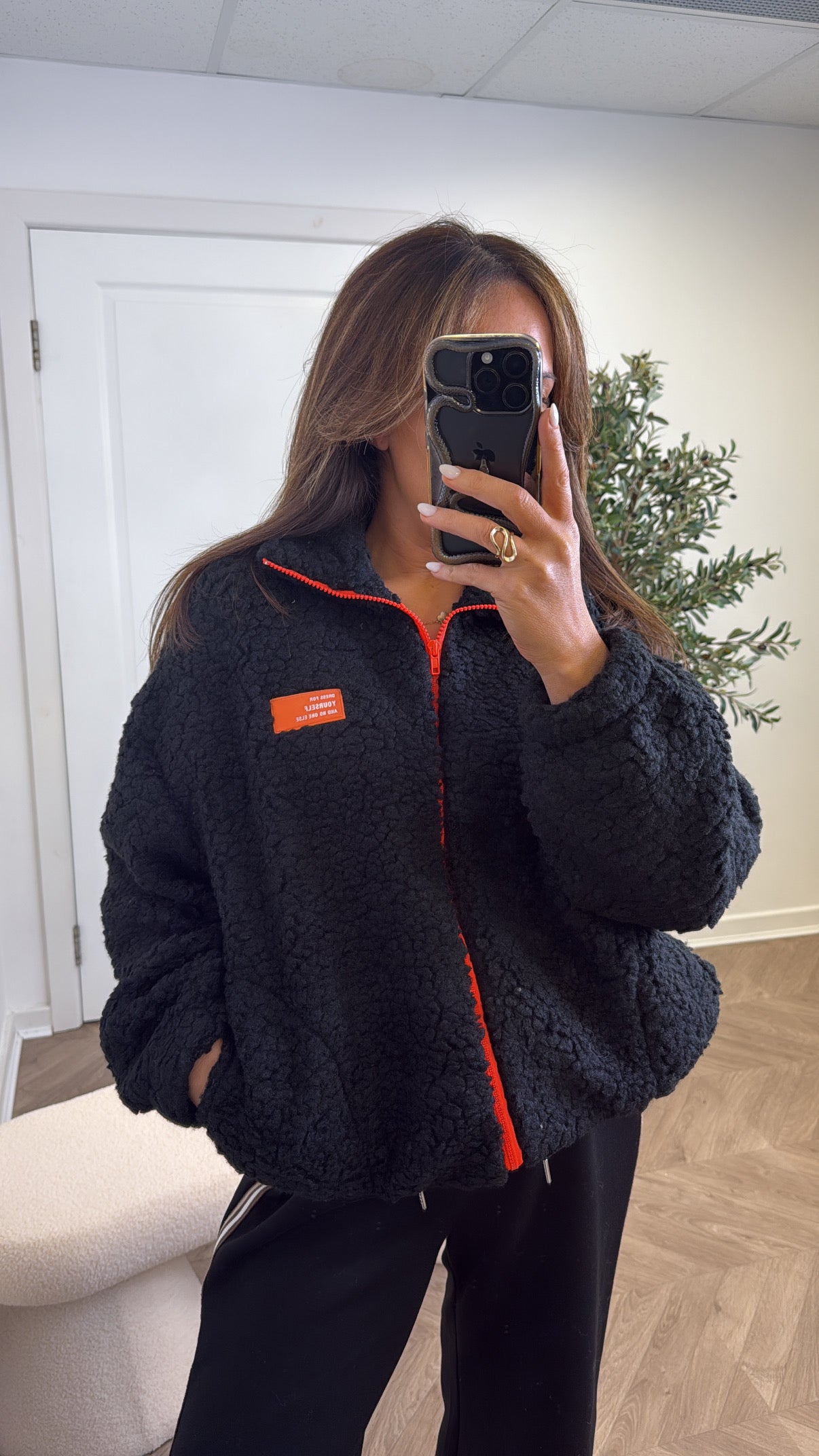 SOPHIA black fleece zip up jacket with neon logo