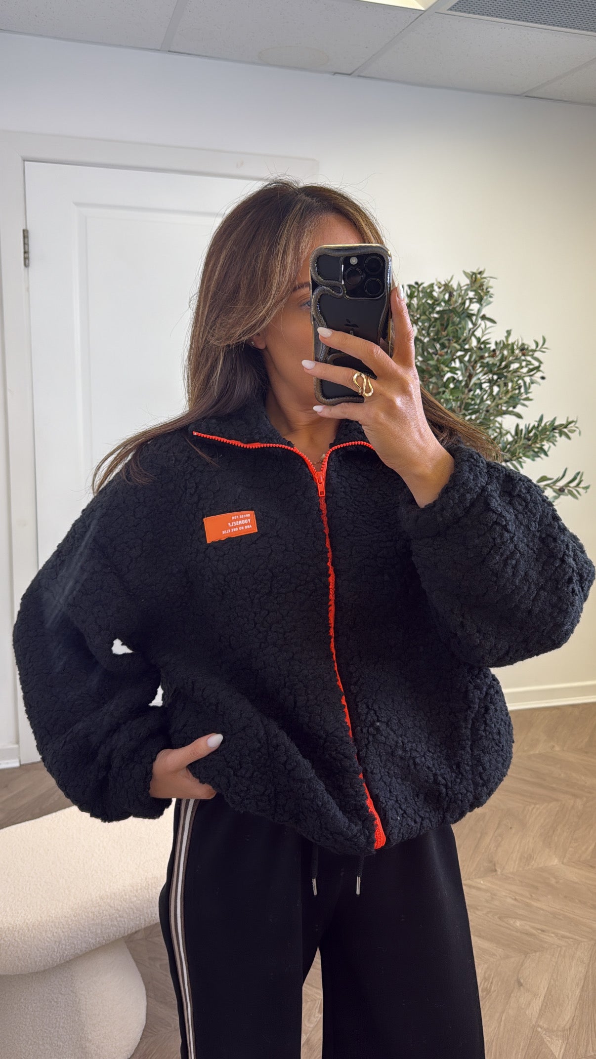 SOPHIA black fleece zip up jacket with neon logo
