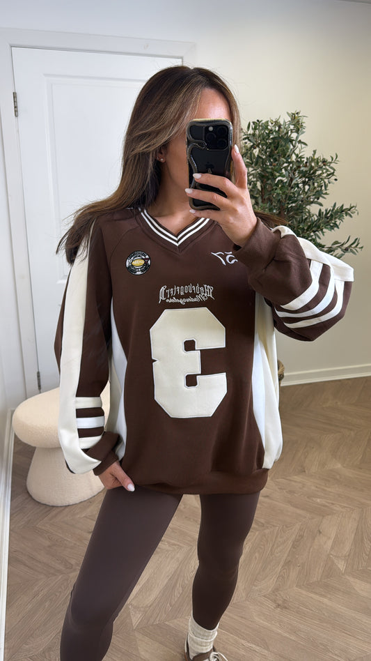 TAMMY brown and cream oversized basketball sweatshirt